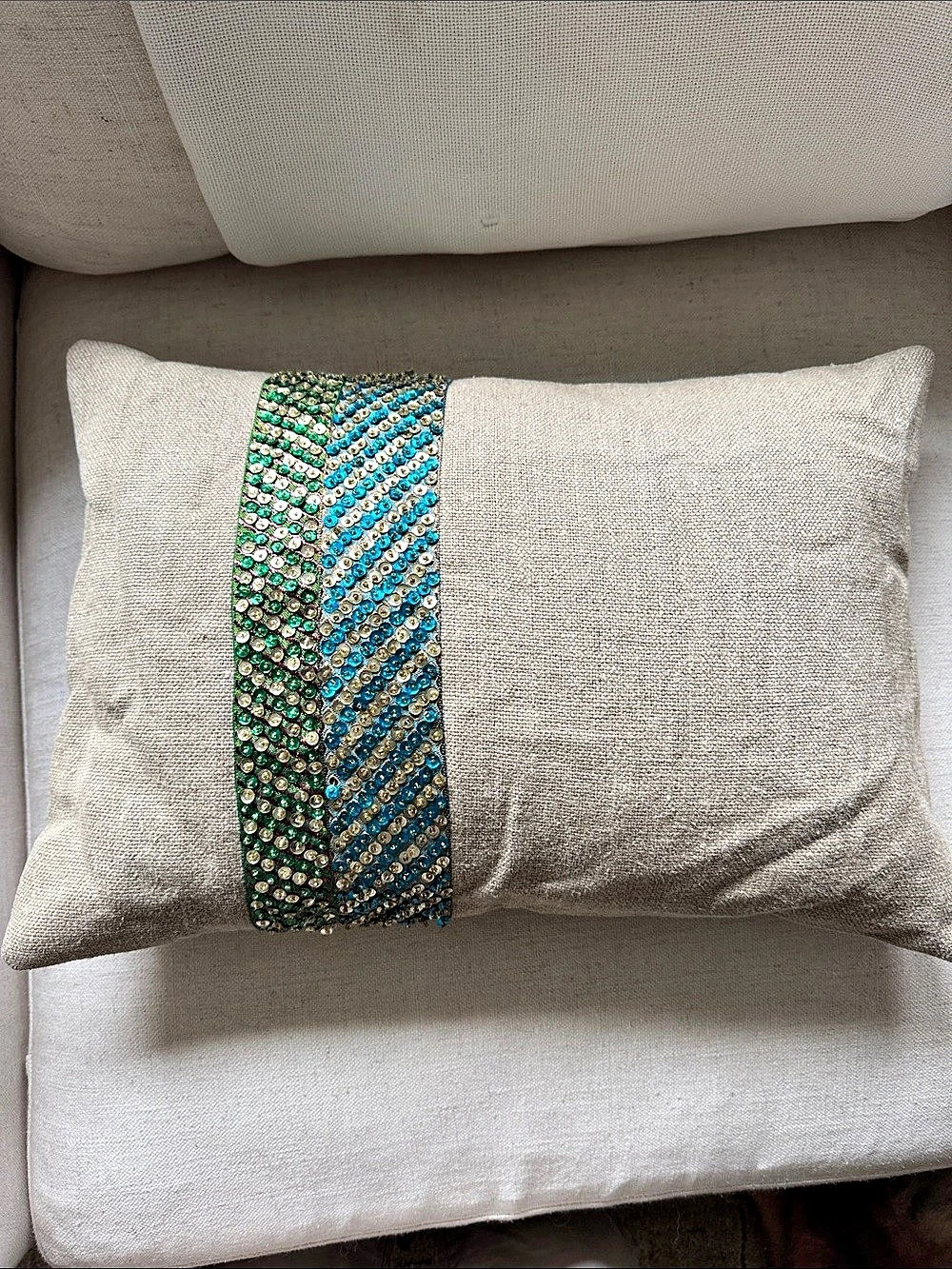 Patch NYV Beaded Accent Pillow in Beige & Blue